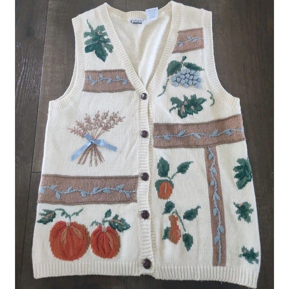 Vtg 90s Capacity Fall Harvest Sweater Vest M Colorblock Embroidered Thanksgiving